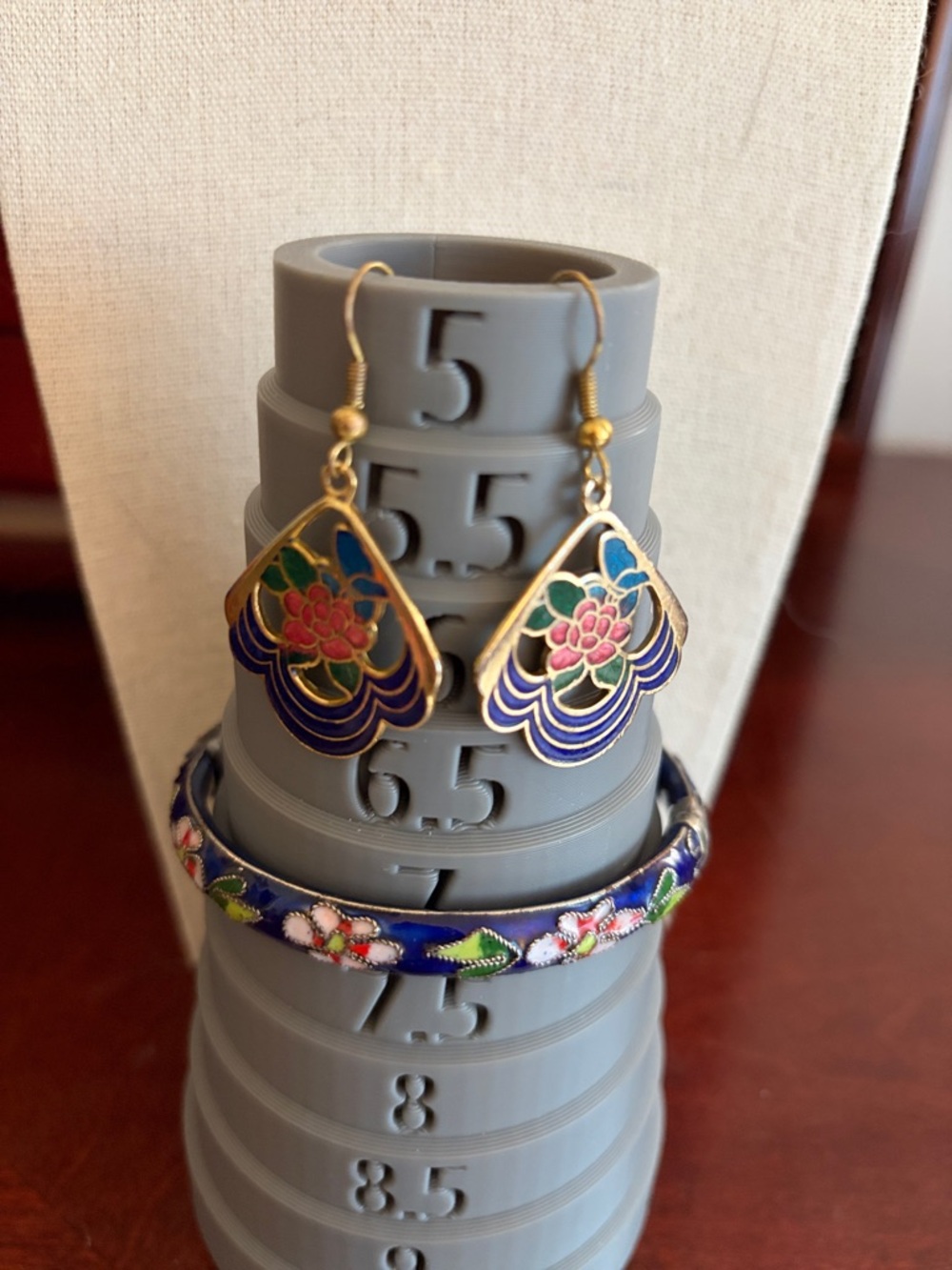 Gold-Tone Blue Floral Cloisonné Earrings and Bracelet Set #100